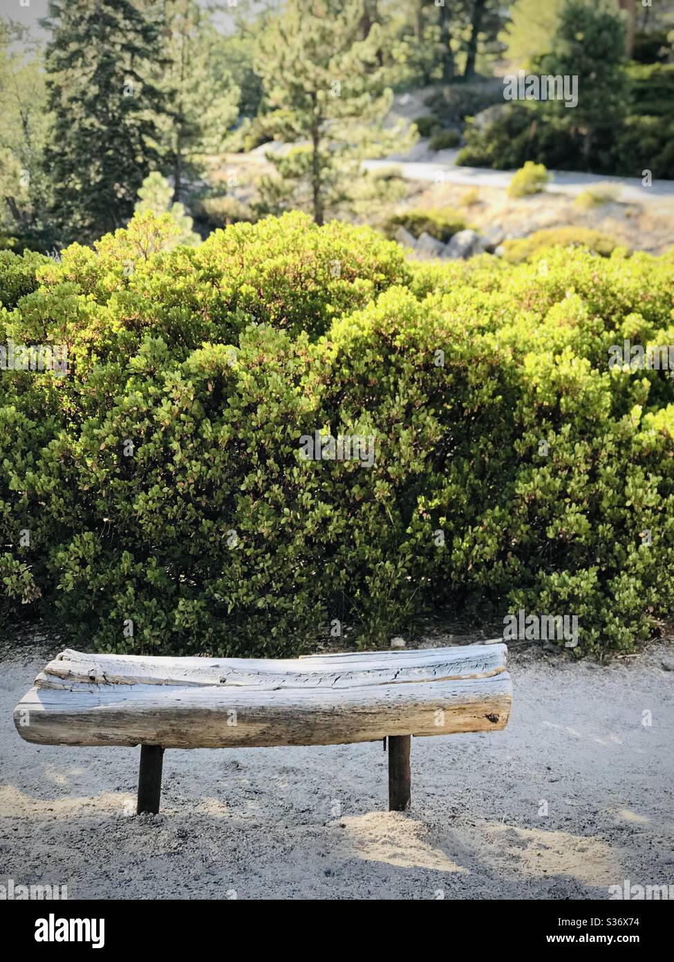 A bench with a serene and peaceful overlook of nature in the mountains. Stock Photo