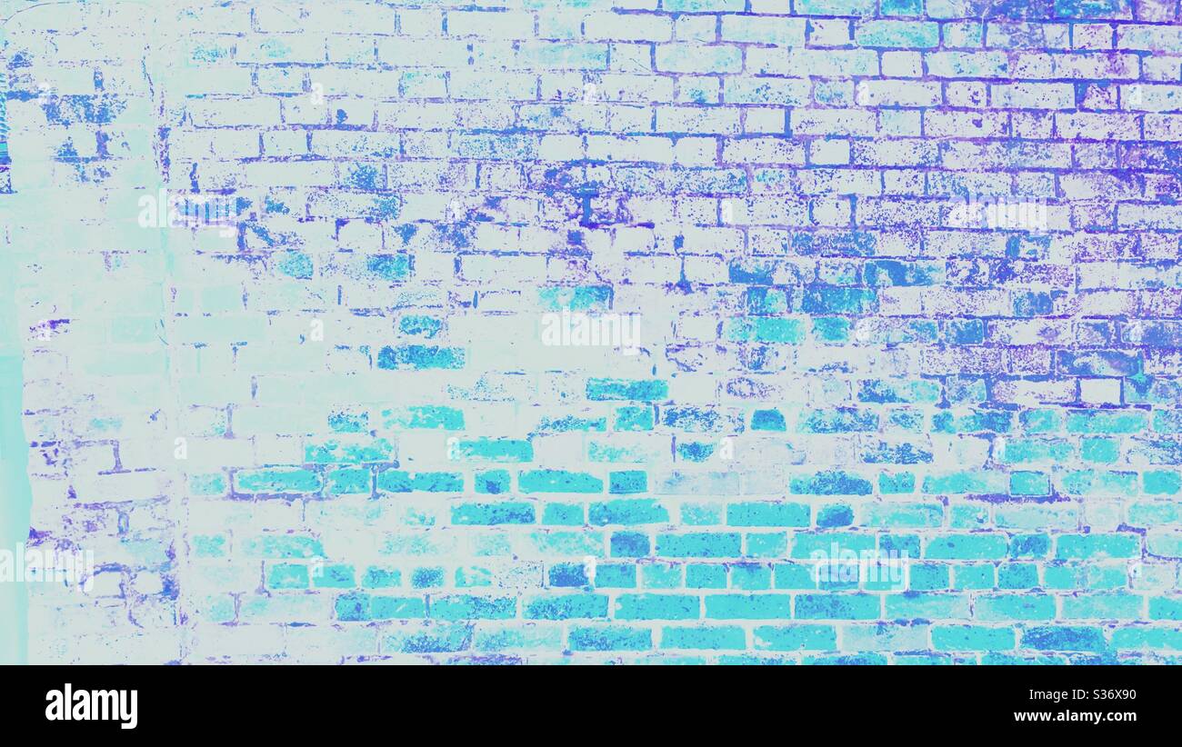 Brick wall background texture in white with faded turquoise and purple colours Stock Photo