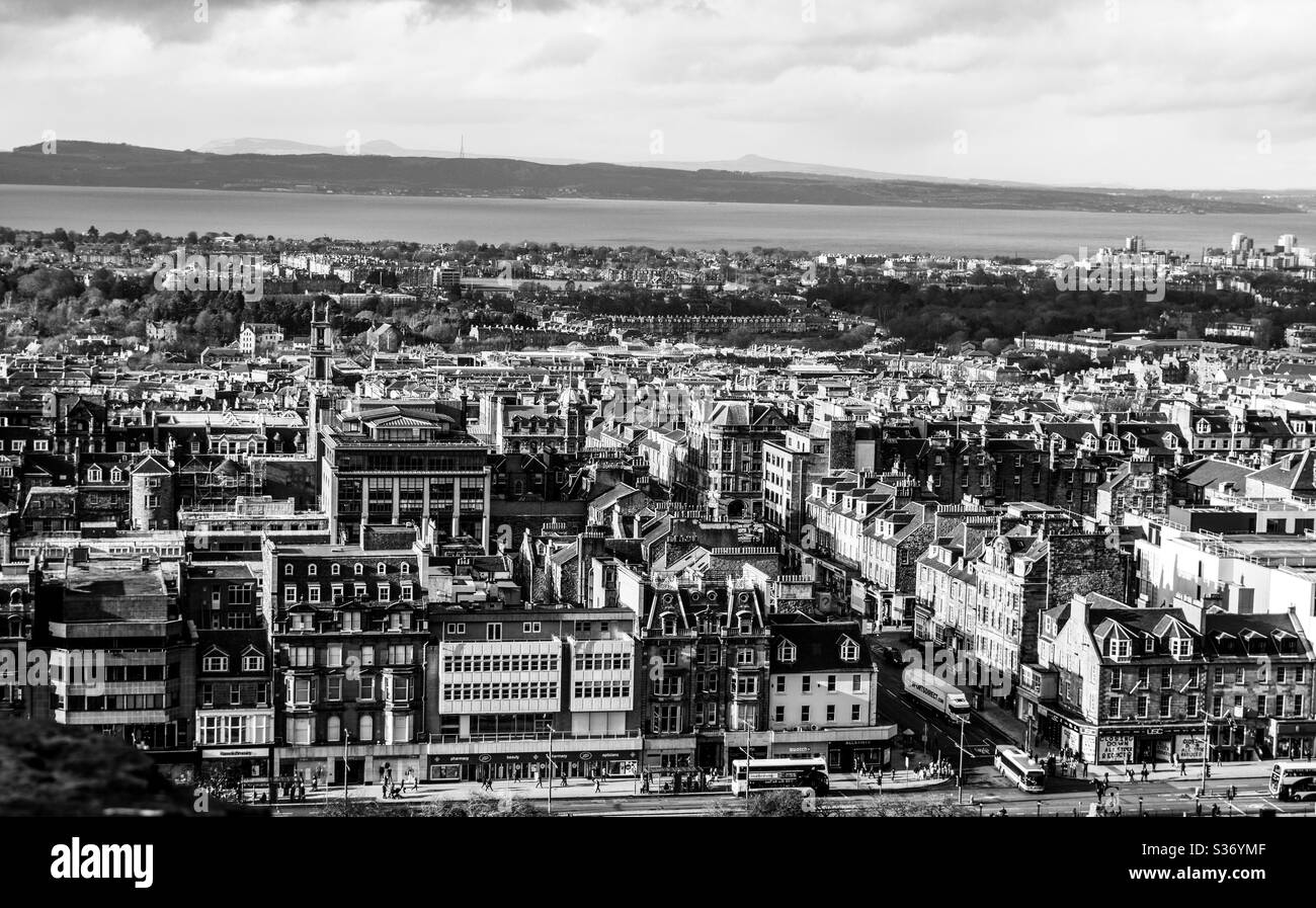 Black and white photo of City Skyline View from top of a tower. Sea and Sky Meeting point. A beautiful view on a bright sunny day - Smartphone Captured Stock Image