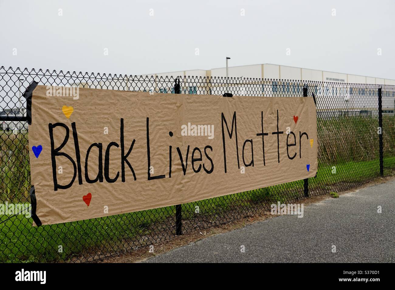 Black Lives Matter sign posted outside elementary school Stock Photo