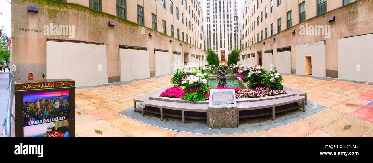 Channel gardens at Rockefeller Center is all boarded up for protection against rioting and looting, June 2020, NYC, USA - Smartphone Captured Stock Image