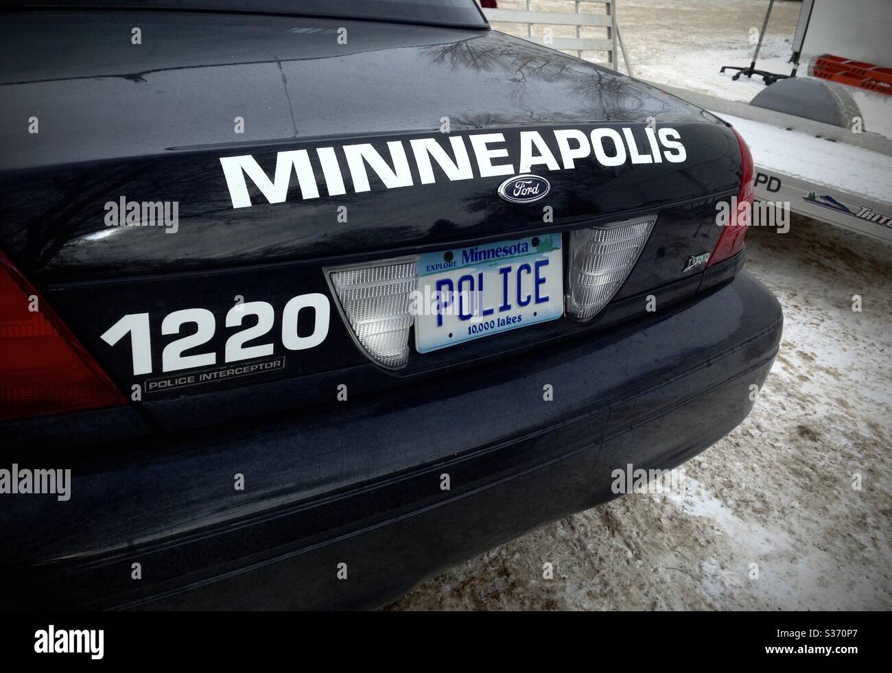 Minneapolis, Minnesota/USA. March 14th. The back bumper of a Minneapolis Police car parked in Minneapolis. Stock Photo