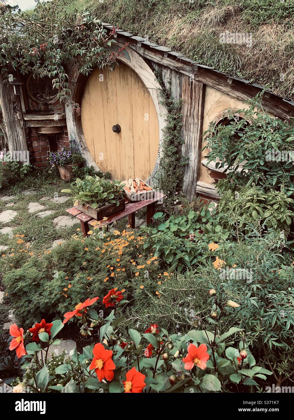Hobbiton. Bucolic place in New Zealand where the hobbits from the Middle Earth live. Lord of the rings movie set. Yellow wooden door Stock Photo