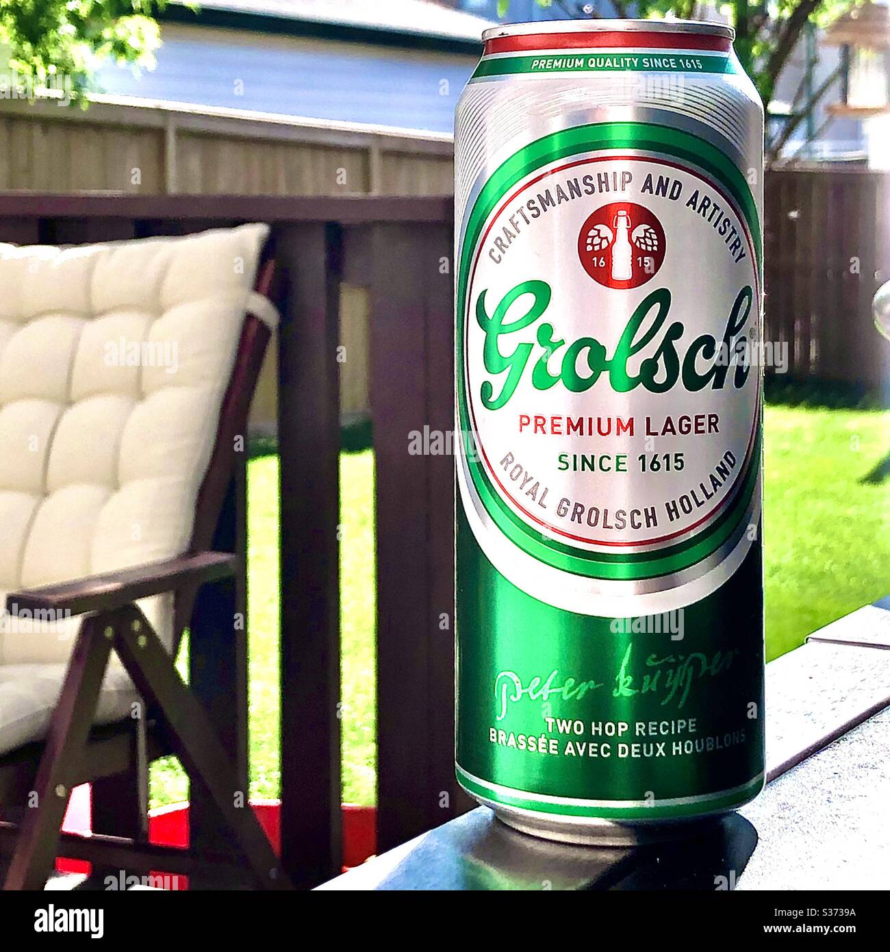 A tallboy beer can of Grolsch Premium Lager from holland Stock Photo