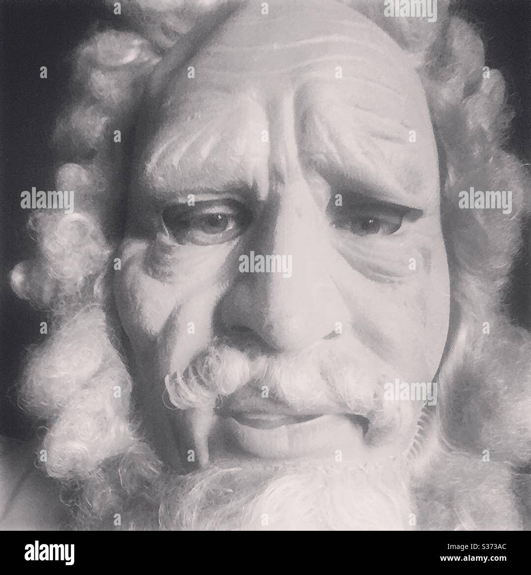 Old man, mask, scary, fake, funny, old, black and white, Stock Photo