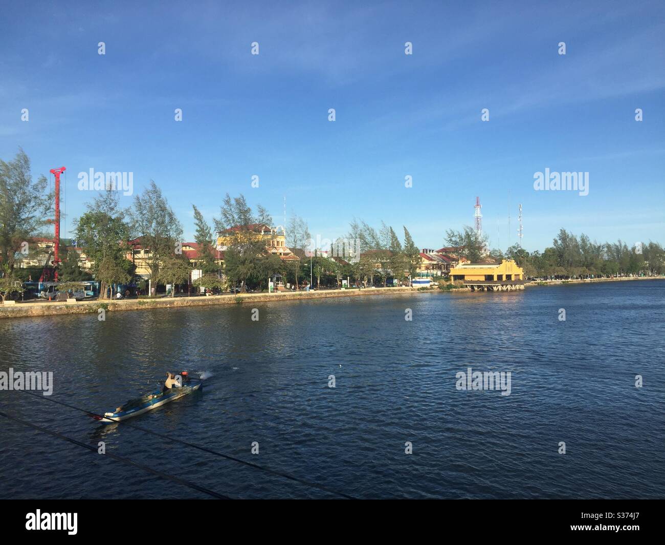 View of central Kampot town and river in cambodia - Smartphone Captured Stock Image