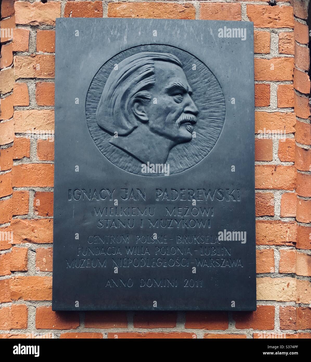 Slate plaque in Brussels commemorating Ignace Jan Paderewski, Polish pianist, composer and Prime Minister of Poland in 1919. Stock Photo