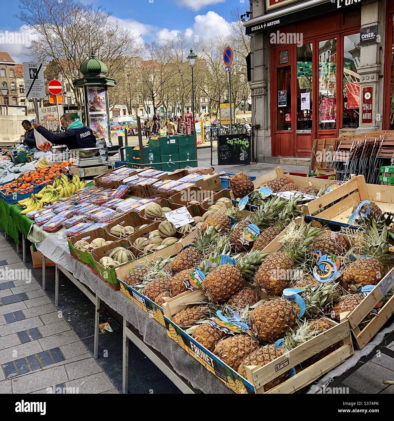 Saturday morning open-air food market in Ixelles, Brussels, Belgium. - Smartphone Captured Stock Image