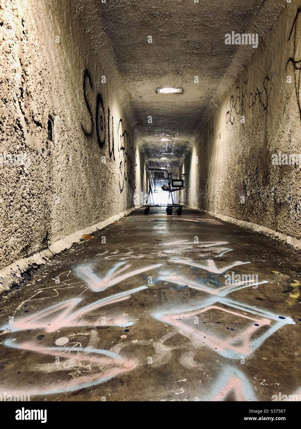 Shopping cart in a tunnel.  Urban scenes from Los Angeles CA 6.12.2020 Stock Photo