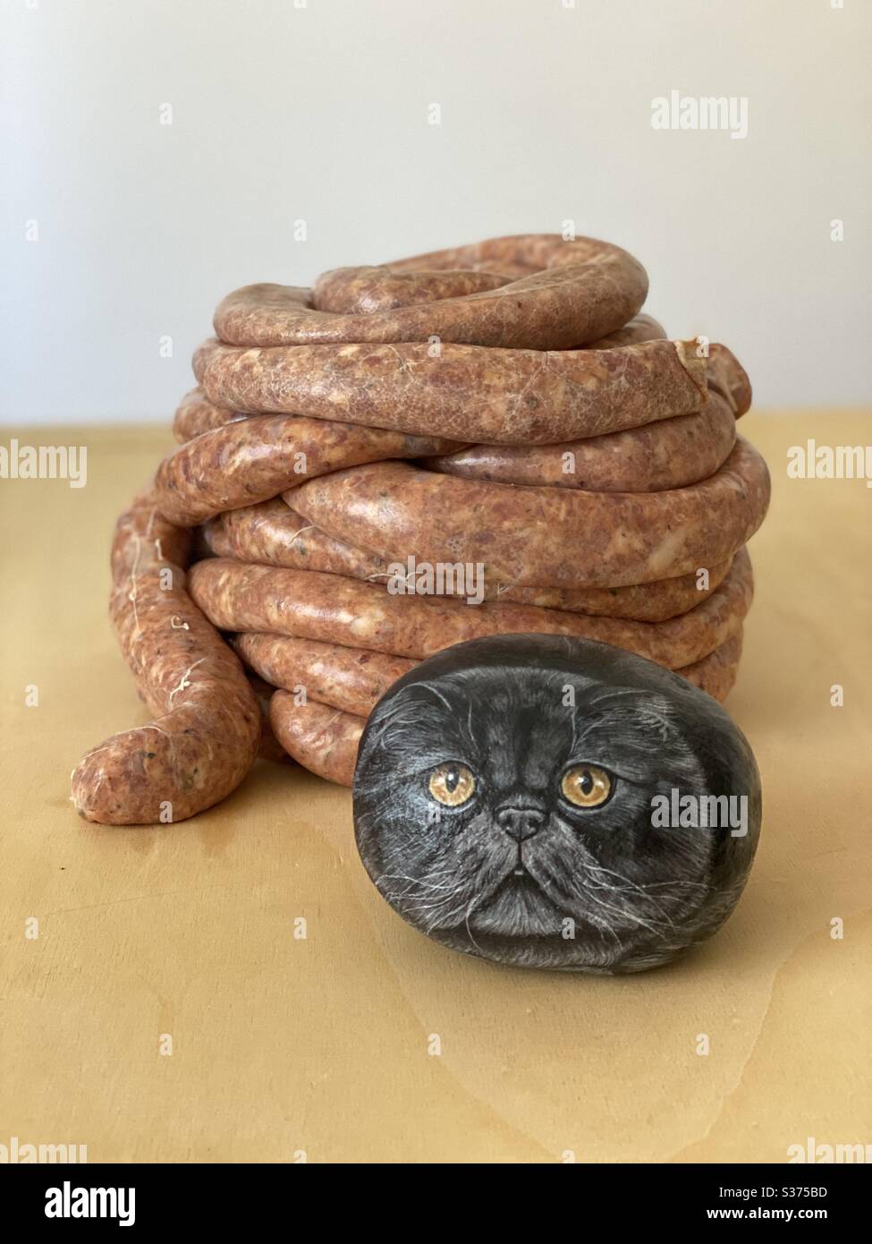 Homememade sausages with a stone cat - Smartphone Captured Stock Image