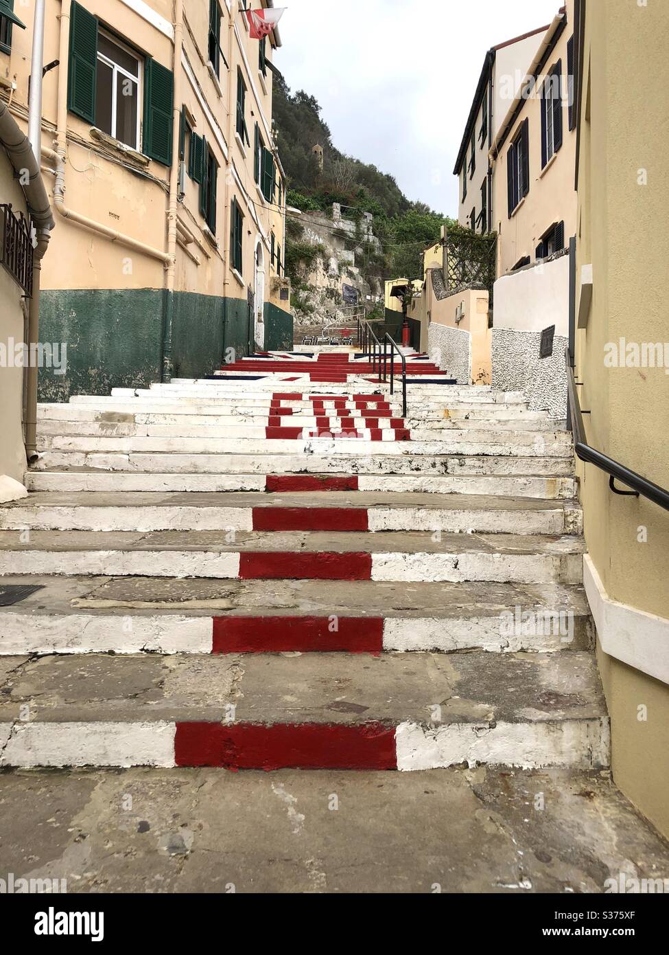 Devils gap road in Gibraltar with the Union Jack flag painted on the steps - Smartphone Captured Stock Image