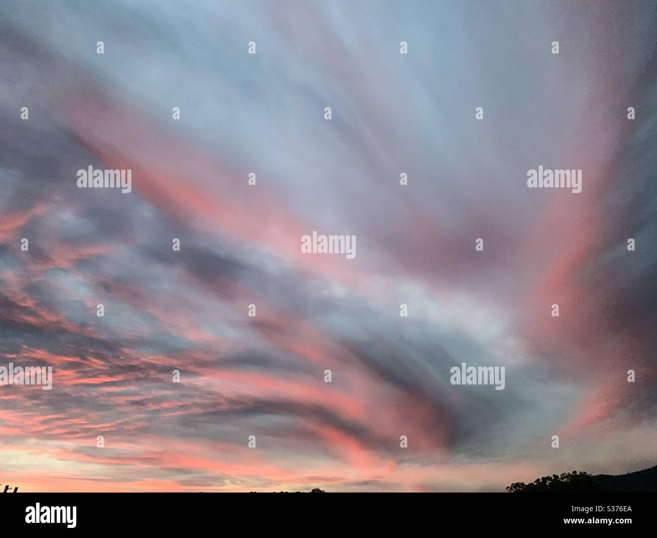 Like glowing pink veins, sunlight reflecting Swirling pink and orange through the grey clouds against the pale blue sky of winter sunset - Smartphone Captured Stock Image