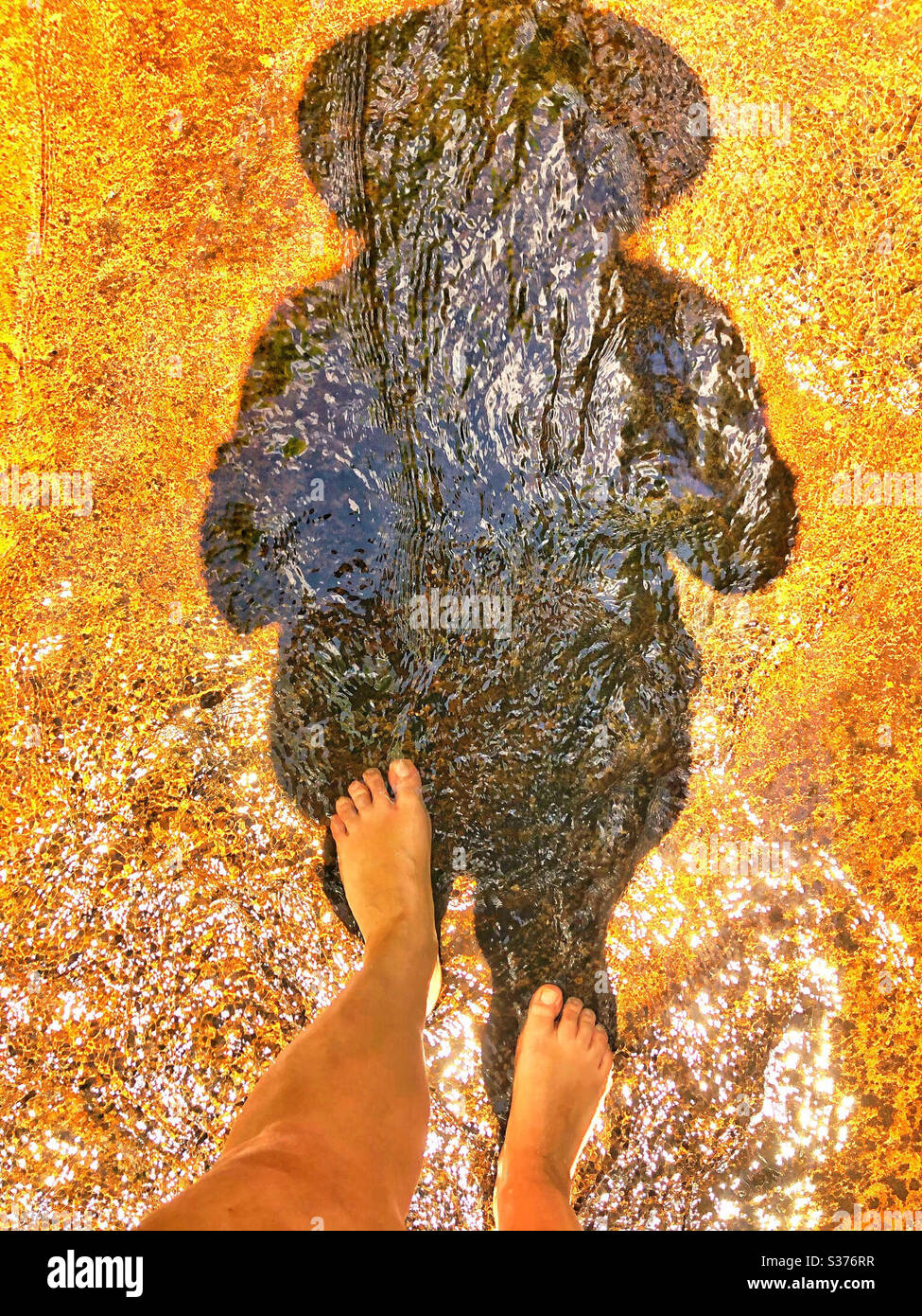 Woman with sun hat wading into the sea while taking a photo of her shadow on vacation - Smartphone Captured Stock Image