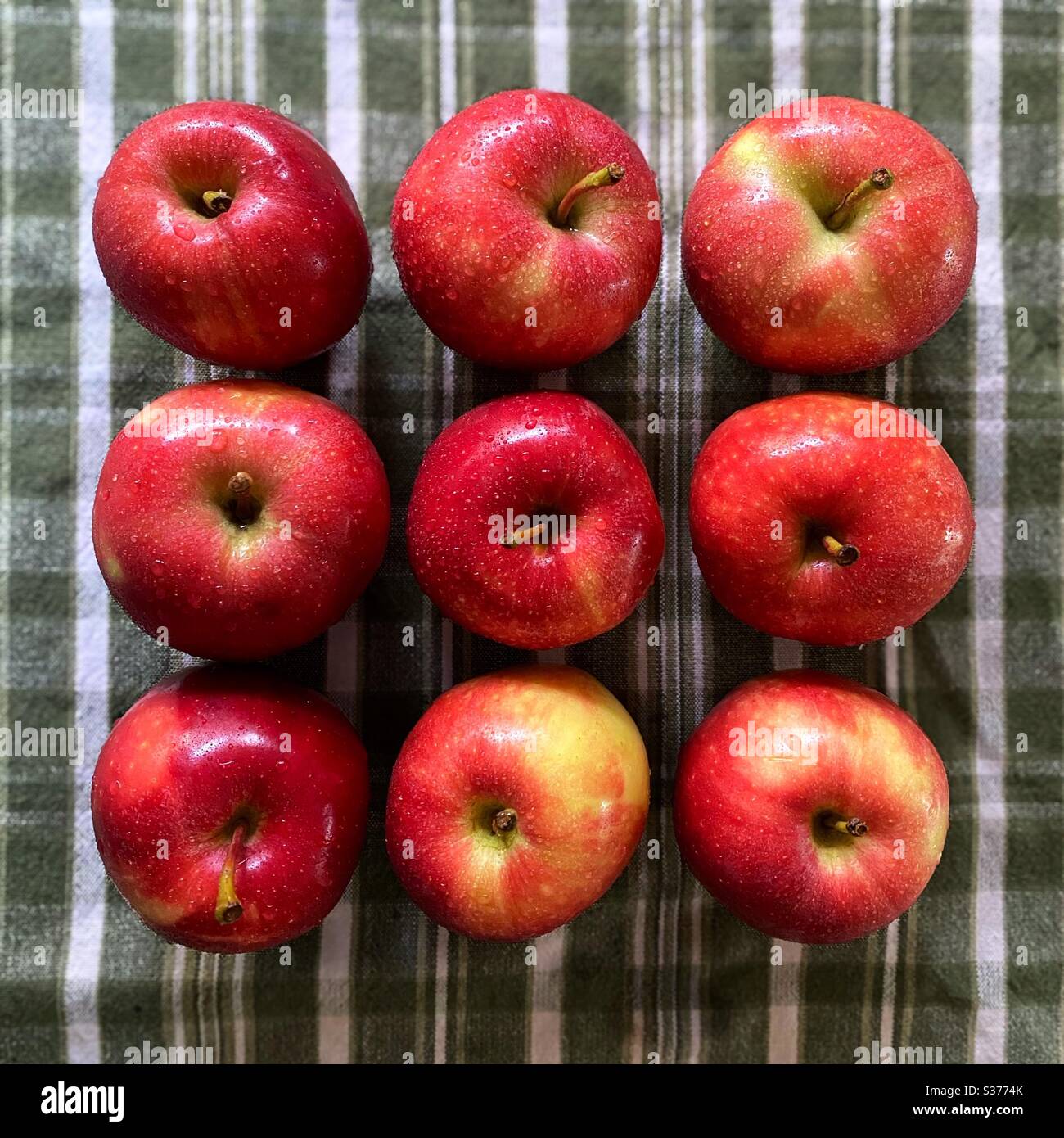 9 apples in a square, on green plaid towel - Smartphone Captured Stock Image