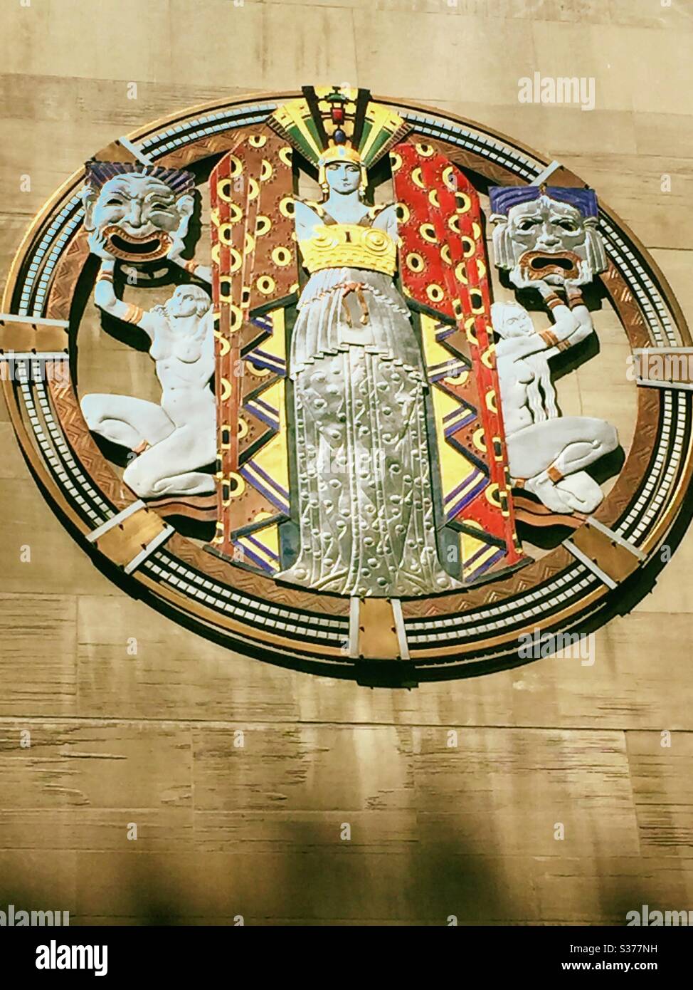 Detail openwork plaque, dance, drama in Song, radio city music Hall, Rockefeller Center, New York City, USA - Smartphone Captured Stock Image