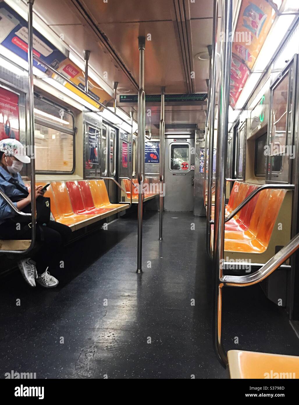 The New York City subway system is sparkling clean and nearly empty due to new cleaning procedures during the Covid pandemic, 2020, USA - Smartphone Captured Stock Image