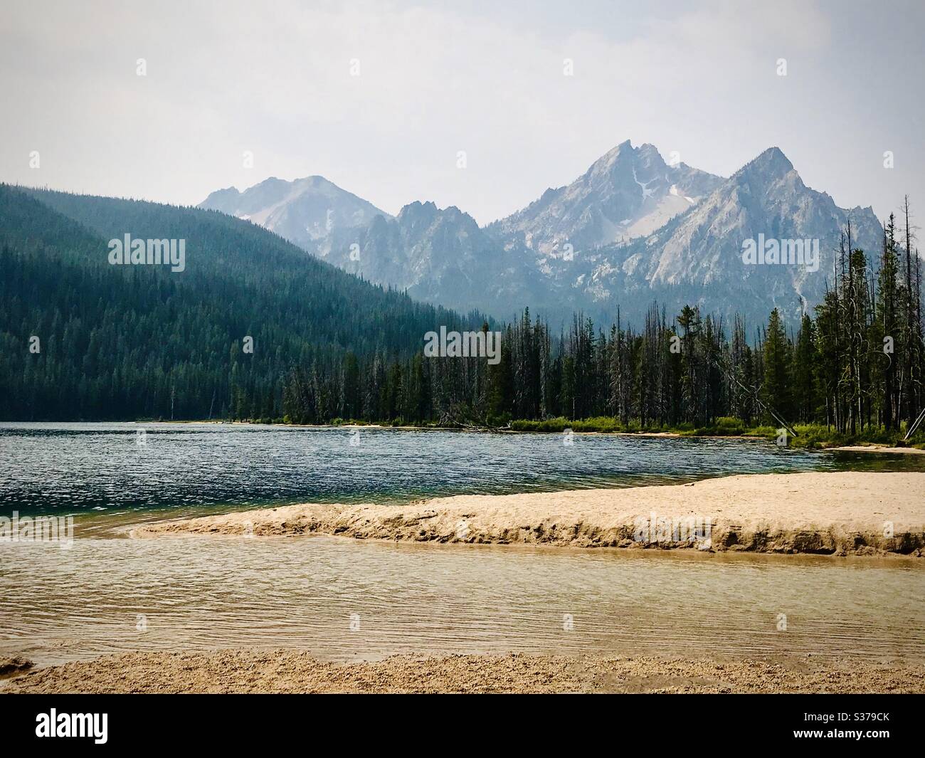 A mountain lake with a scenic backdrop of pine trees and the Rocky Mountains. Stock Photo