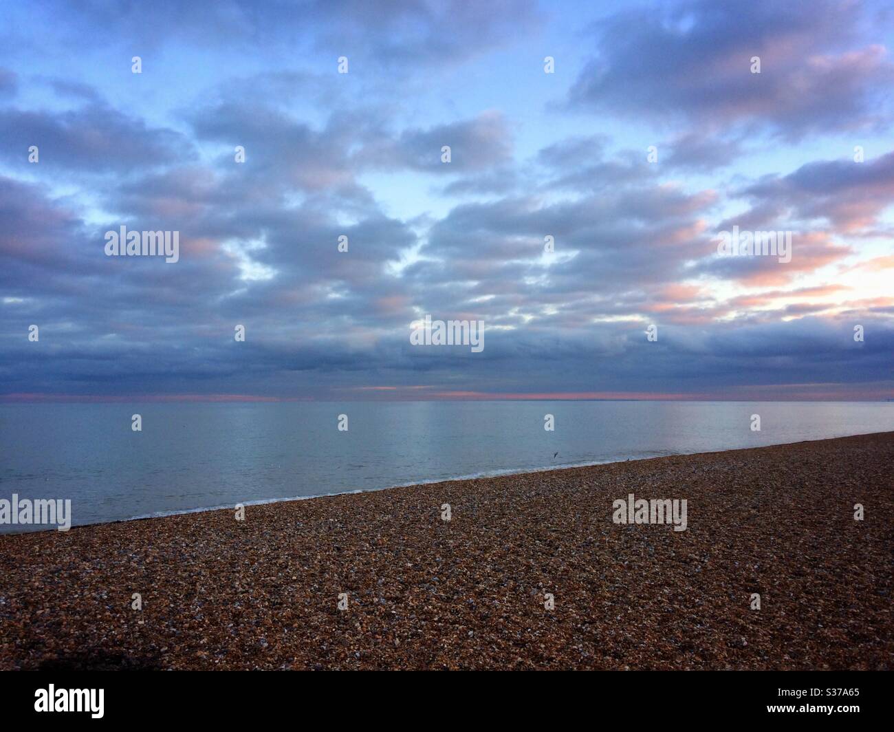 Pink & blue clouds at dusk over the English Channel from the beach at Deal, Kent, UK - Smartphone Captured Stock Image