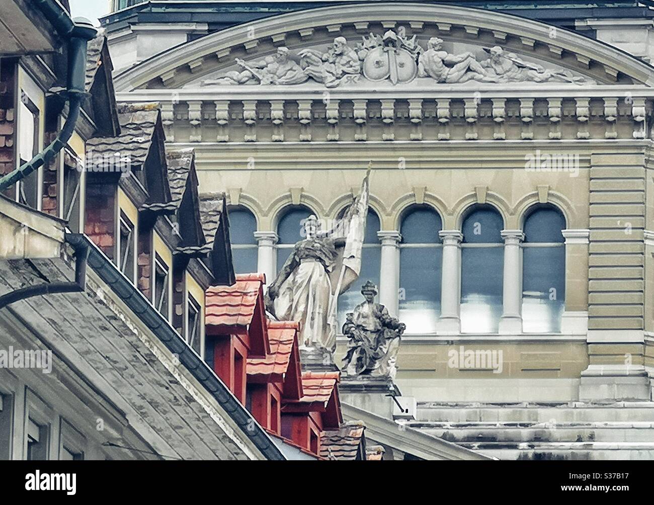 Zoom shot of facade of Swiss federal parliament, Bern, Switzerland - Smartphone Captured Stock Image