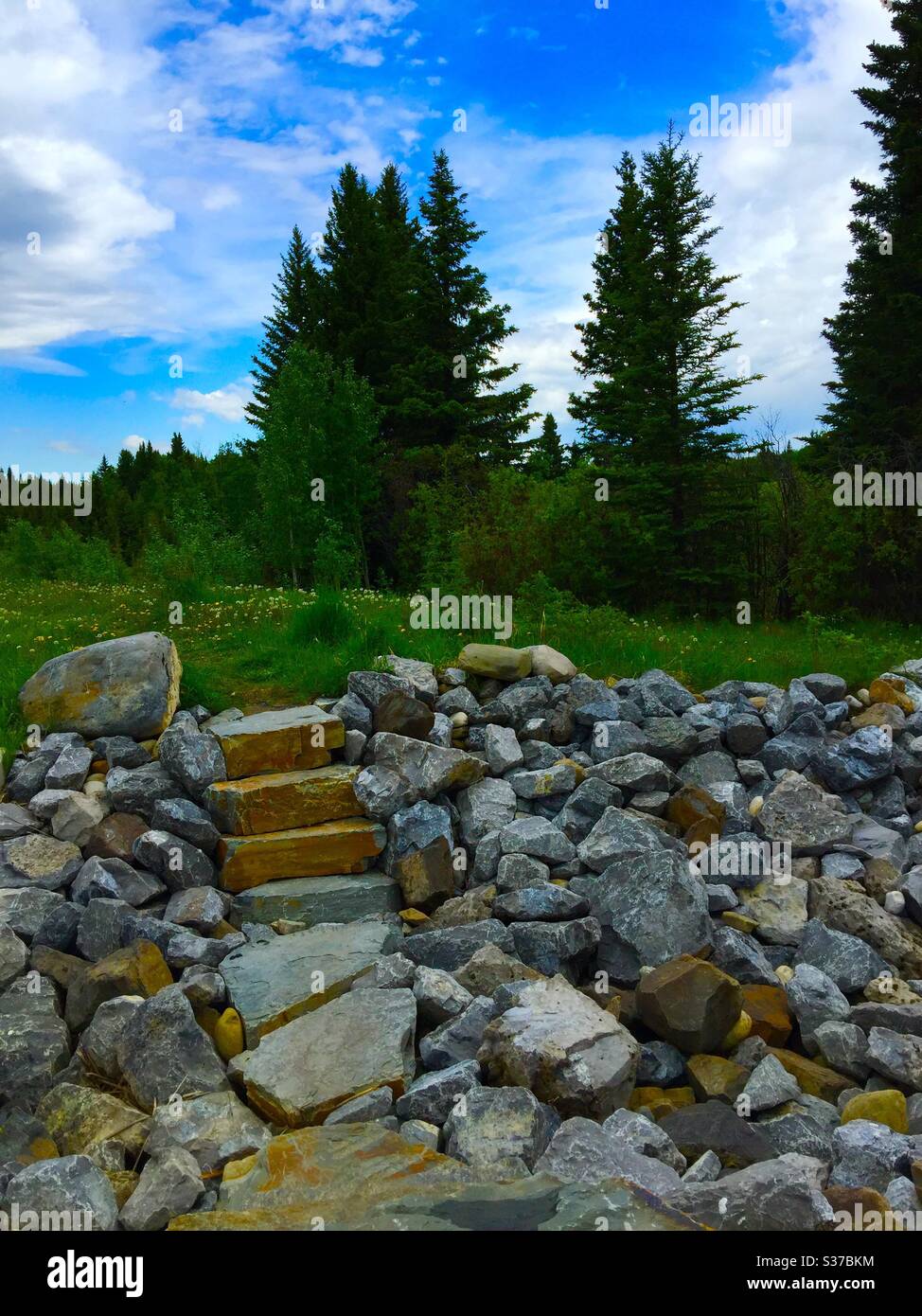 Visit Bragg Creek, Alberta, Canada, dam, pond, creek, stream, mountains, mirror, reflection, wilderness, scenic, water, land, hills, sky. - Smartphone Captured Stock Image