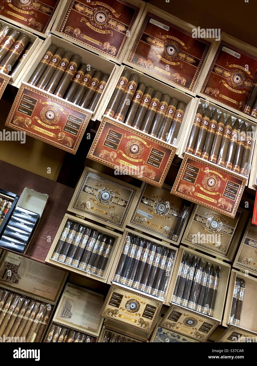 Havana cigars are displayed in a cigar humidor shop in Florida. - Smartphone Captured Stock Image
