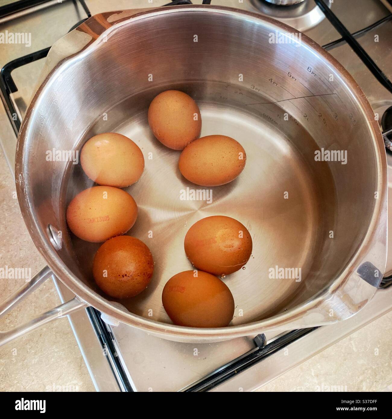 Closeup view of free range organic farm eggs in a pan of boiling water. Preparing hard boiled eggs on the stovetop. Gently simmering over gas stove. - Smartphone Captured Stock Image