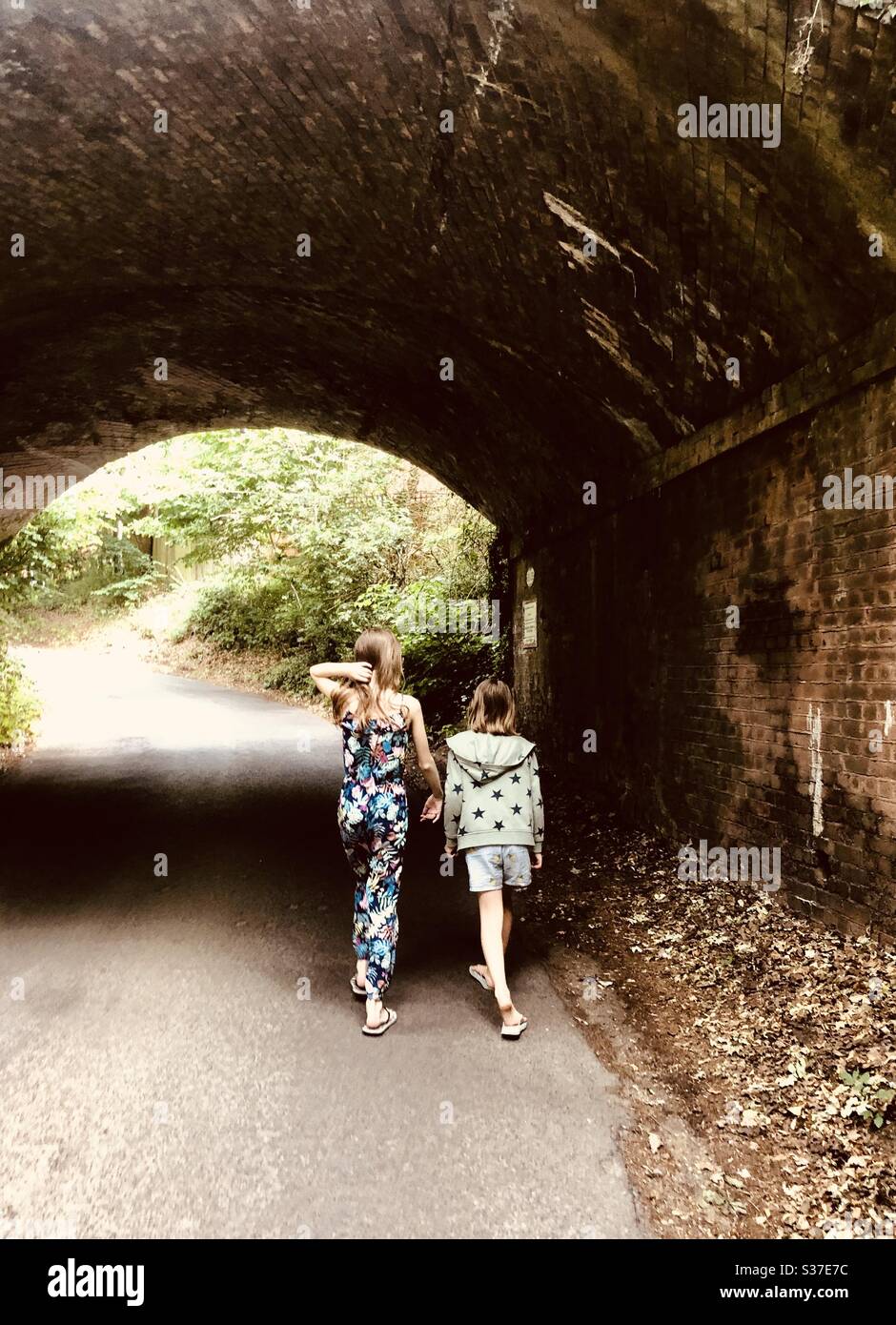 Lockdown walk two sisters - Smartphone Captured Stock Image