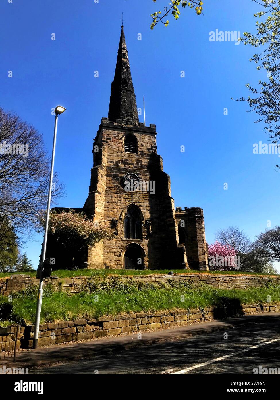 Saint Oswald’s church Winwick on a very pleasant spring day. April 14th 2020 Stock Photo