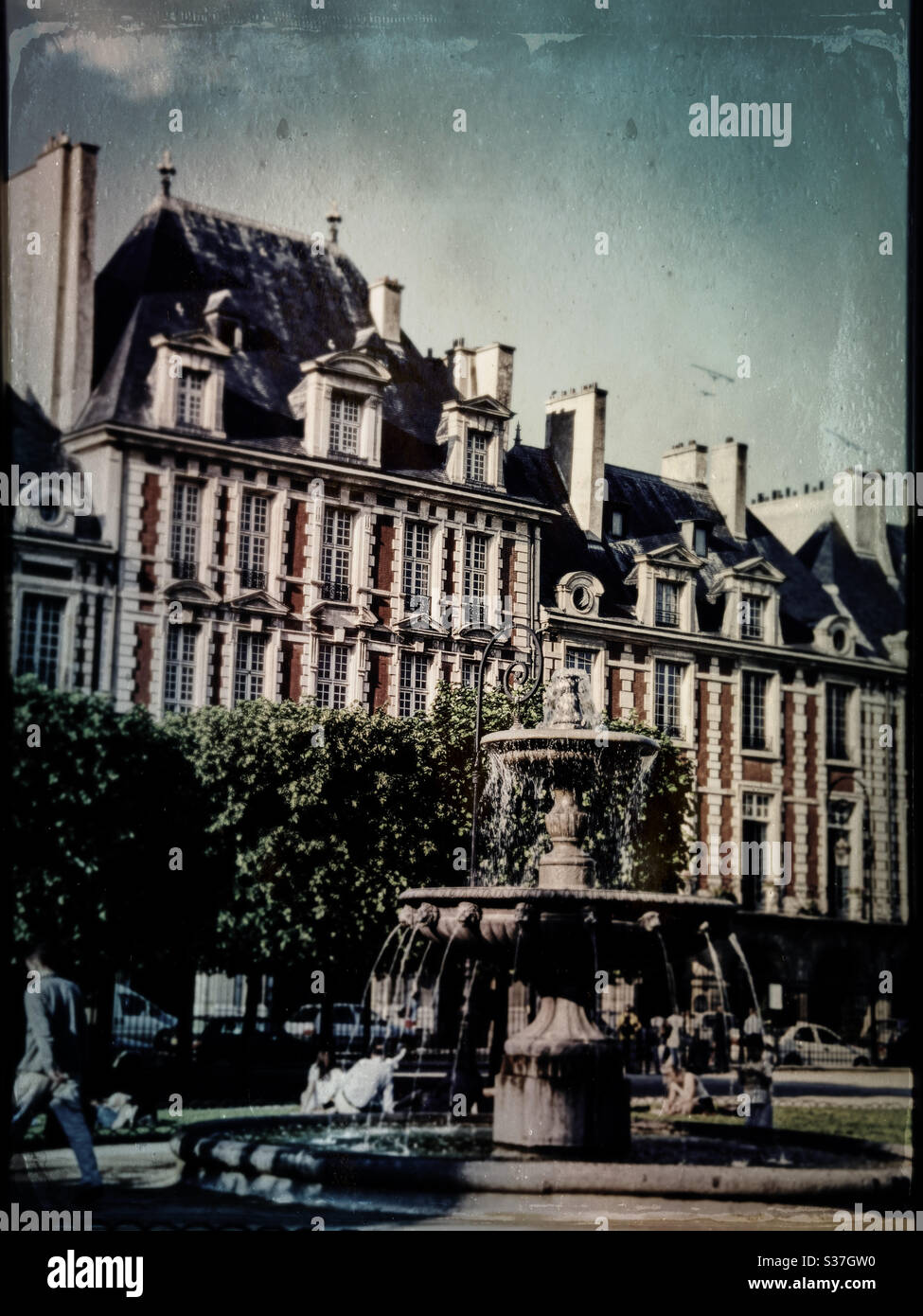 Fontaine at Place des Vosges, Le Marais, Paris, France - Smartphone Captured Stock Image