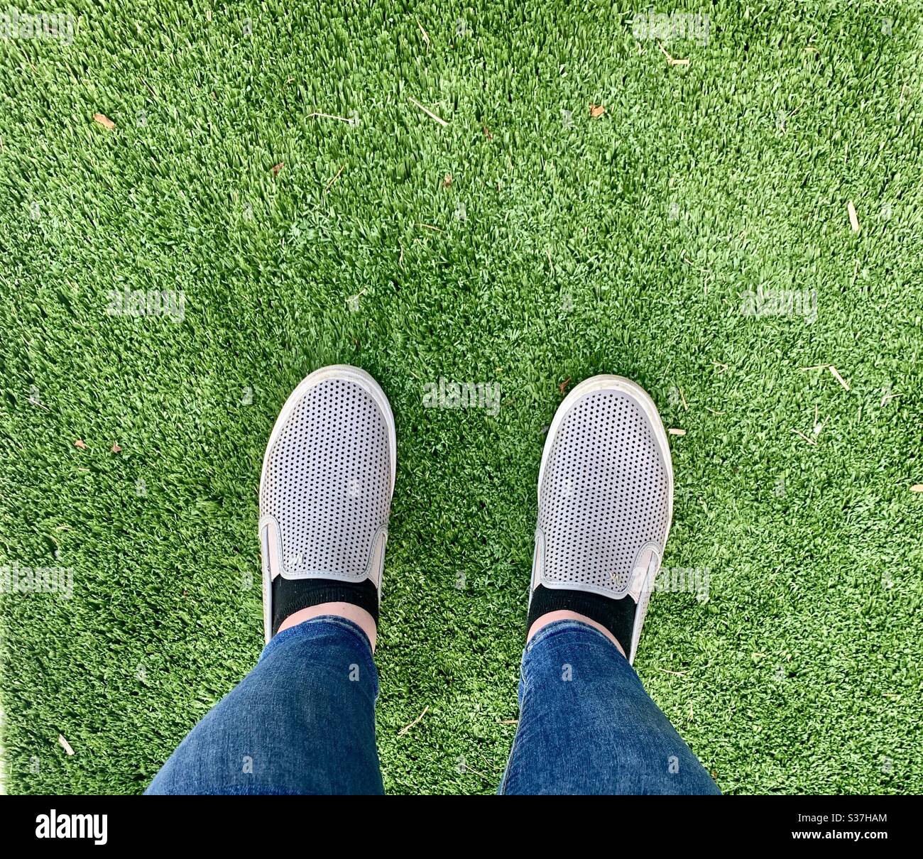 Standing in fake grass Stock Photo