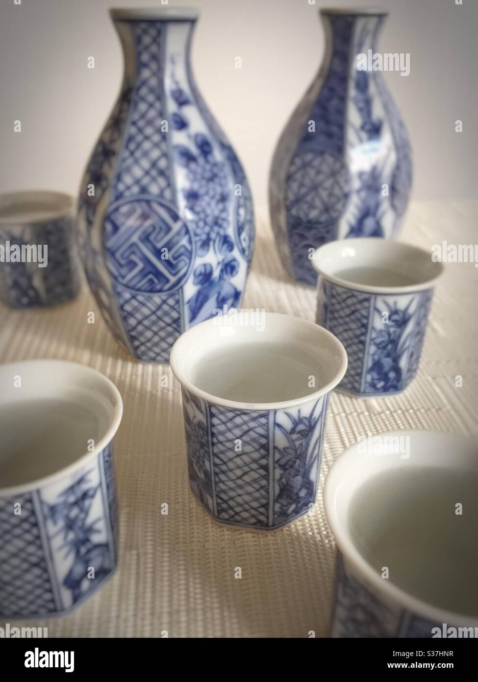 Sake set Close up on A white placemat - Smartphone Captured Stock Image