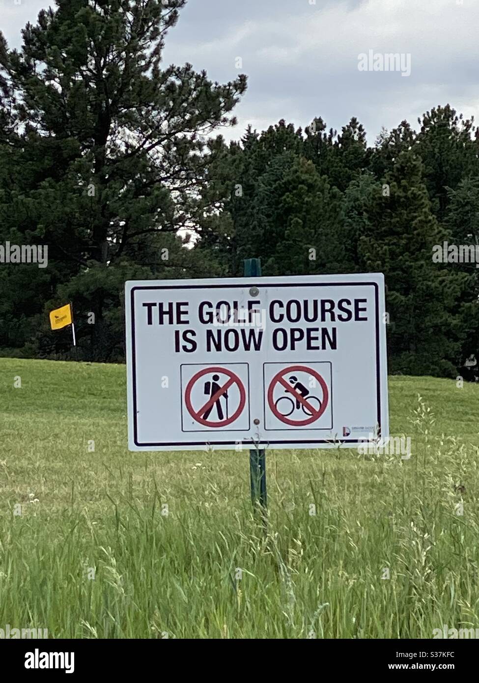 The Golf Course is now open sign. COVID 19 reopened. Stock Photo