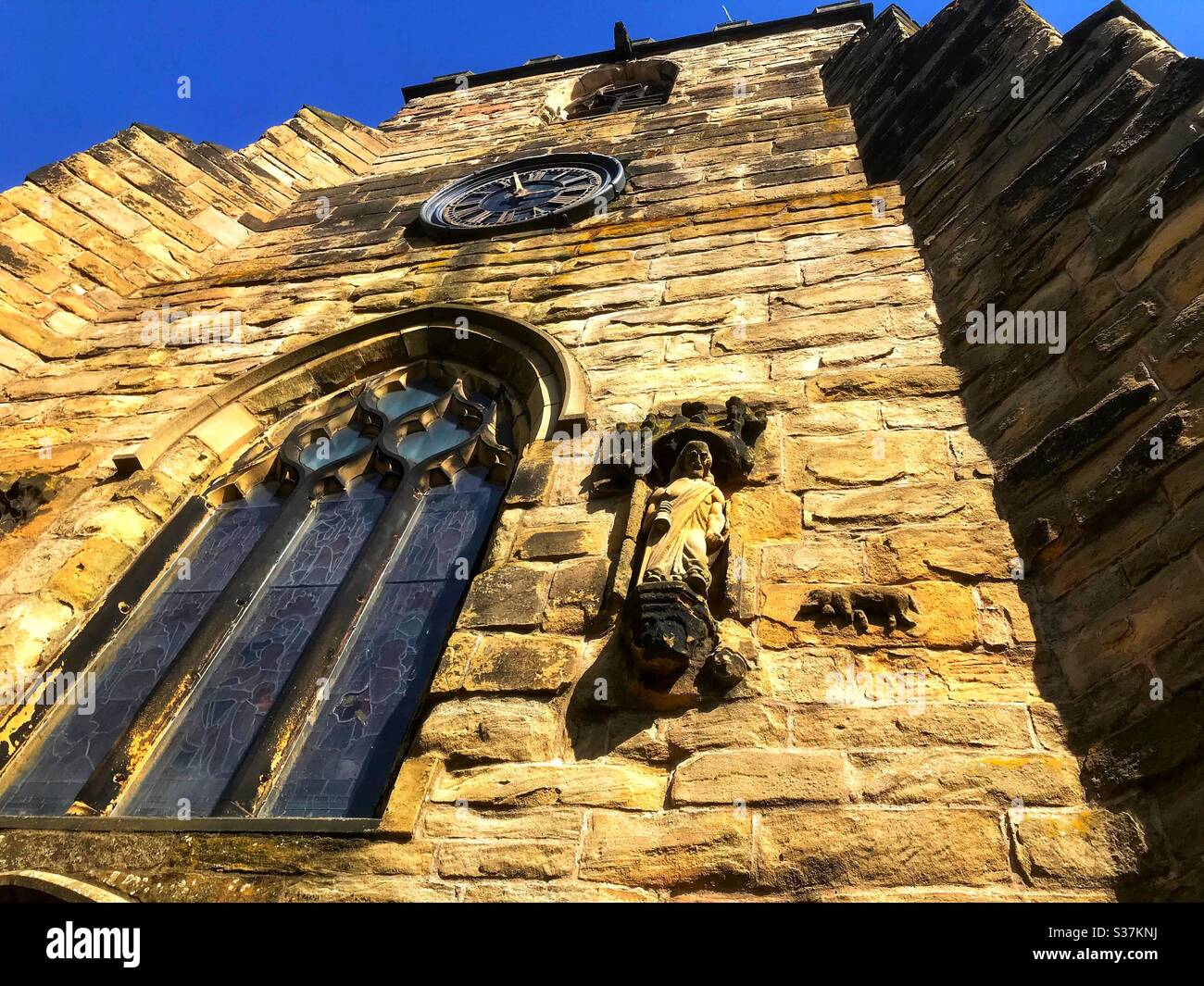 Picture of Saint Oswald’s church in Winwick Cheshire on a lovely spring day April 19th 2020 in lockdown. Stock Photo
