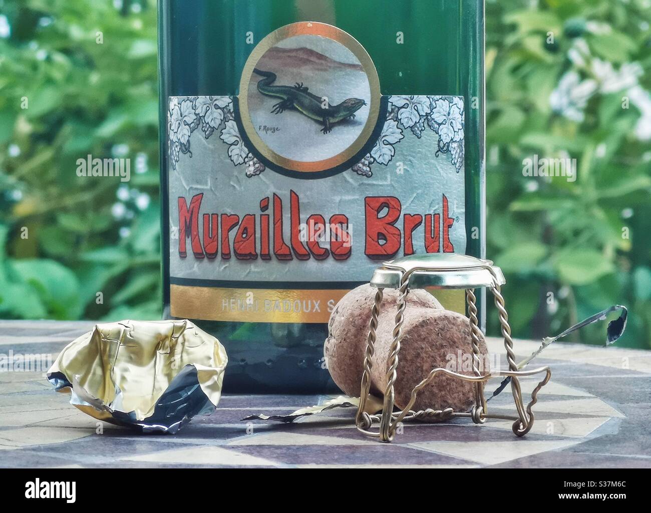 Swiss sparkling wine bottle with foil and cork - Smartphone Captured Stock Image