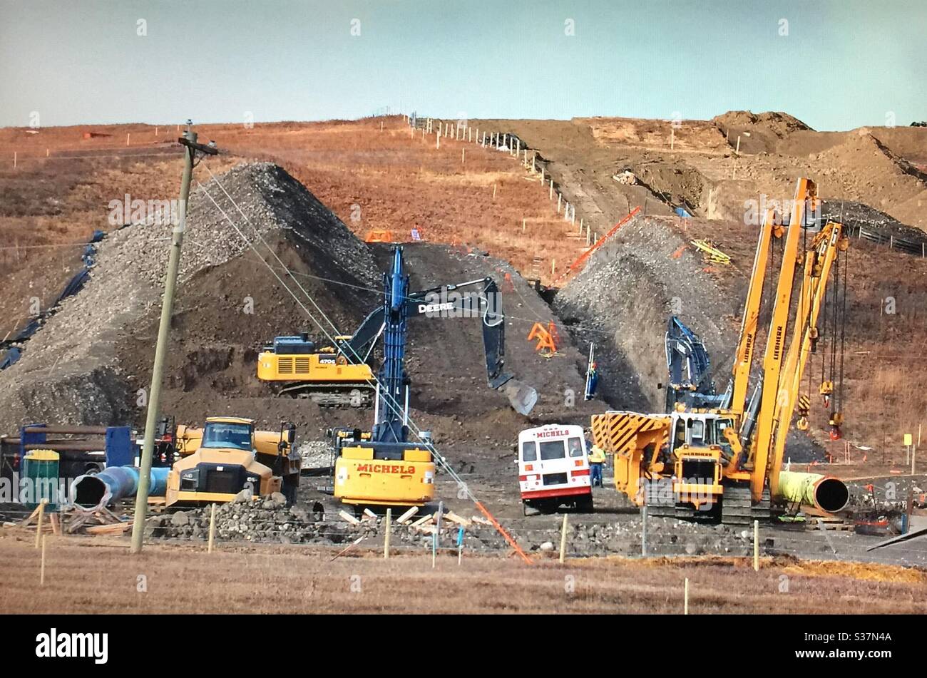 Pipeline construction, Alberta, Canada, West Path Delivery Project,pipeline loop,that will parallel to Highway 22,Cochrane,pipeline, - Smartphone Captured Stock Image