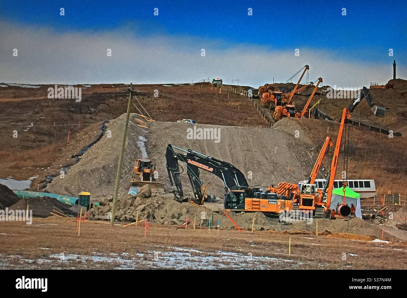Pipeline construction, Alberta, Canada, West Path Delivery Project,pipeline loop,that will parallel to Highway 22,Cochrane,pipeline, - Smartphone Captured Stock Image