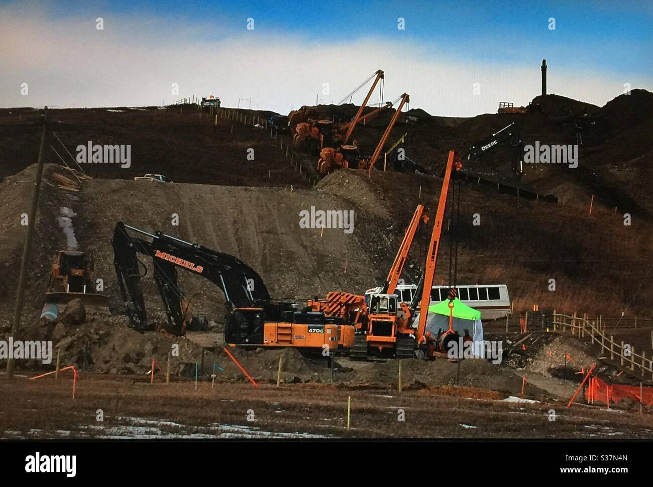 Pipeline construction, Alberta, Canada, West Path Delivery Project,pipeline loop,that will parallel to Highway 22,Cochrane,pipeline, - Smartphone Captured Stock Image
