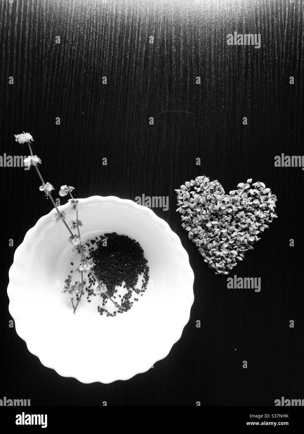Heart shape dry flower of medicinal holy basil aka Thulasi / tulsi, basil seeds in a white ceramic bowl with 2 stalk of dried flowers- created for time pass Stock Photo