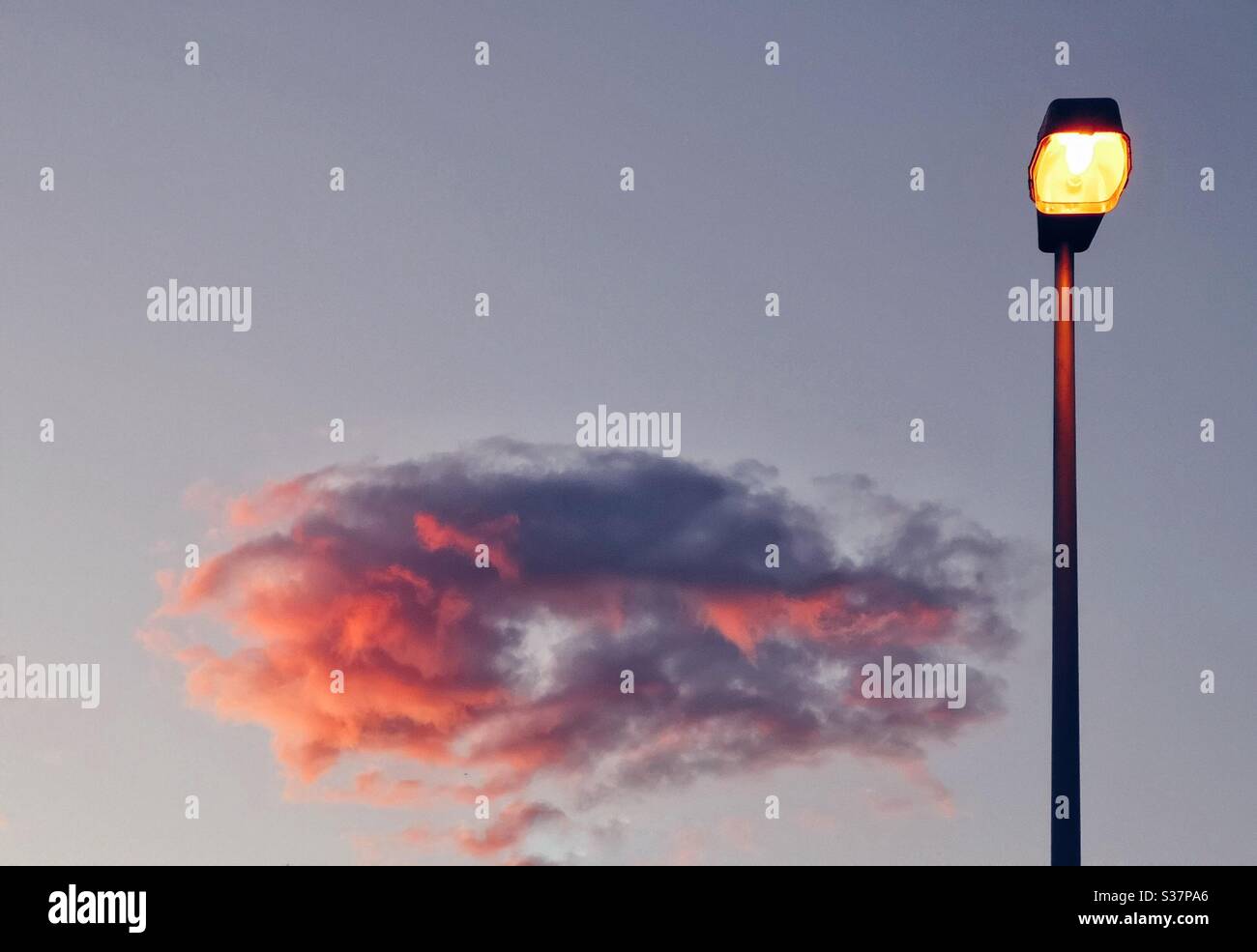 Orange-tinged cloud at sunset with streetlight - Smartphone Captured Stock Image