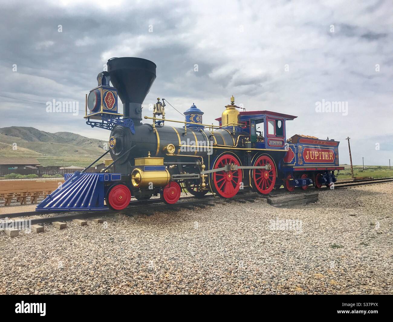 Steam train engines at the Golden Spike, National Historic Monument, Promontory Summit, Utah - Smartphone Captured Stock Image