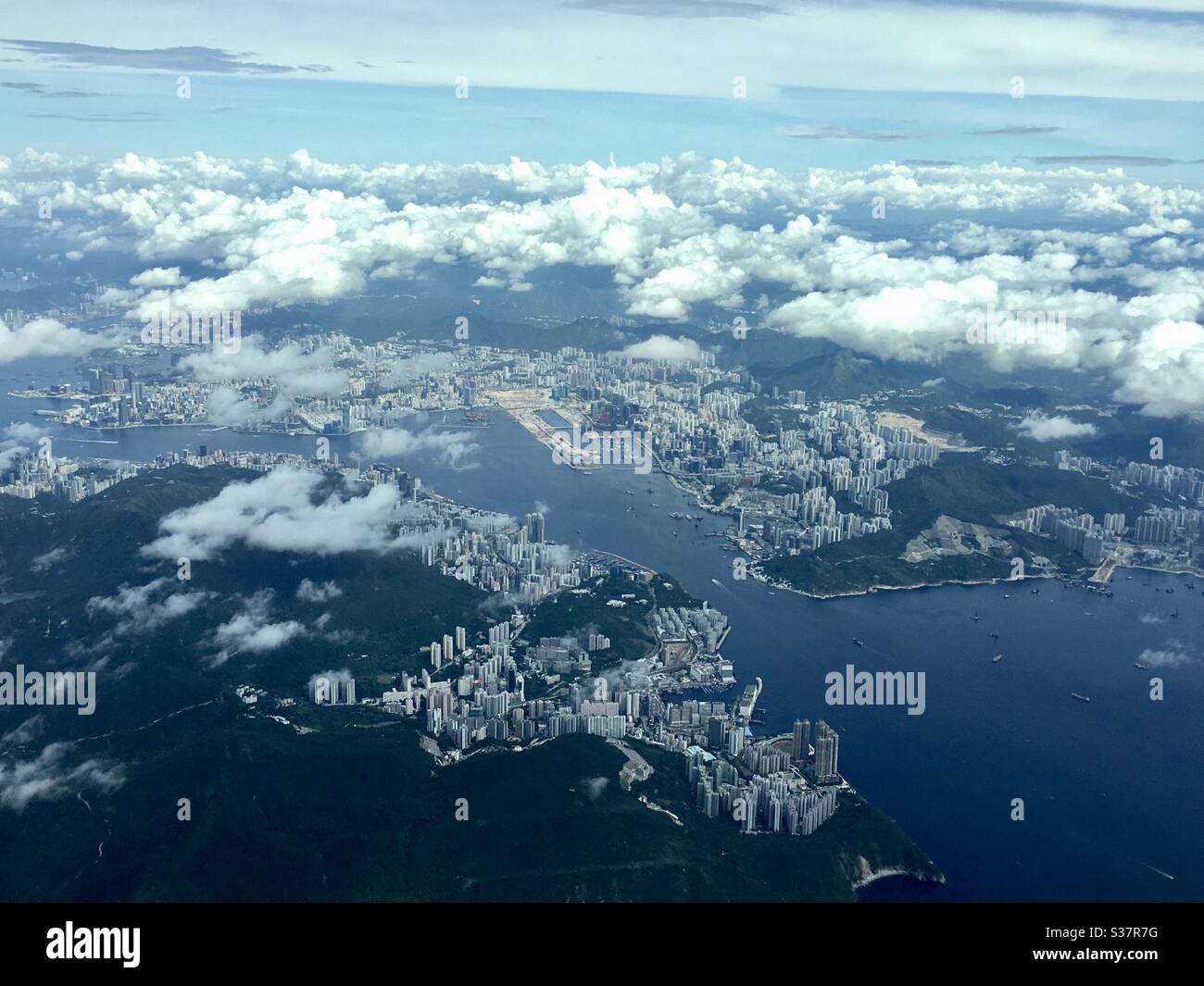 Aerial view of Hong Kong Island, Kowloon and the old Kai Tak Airport