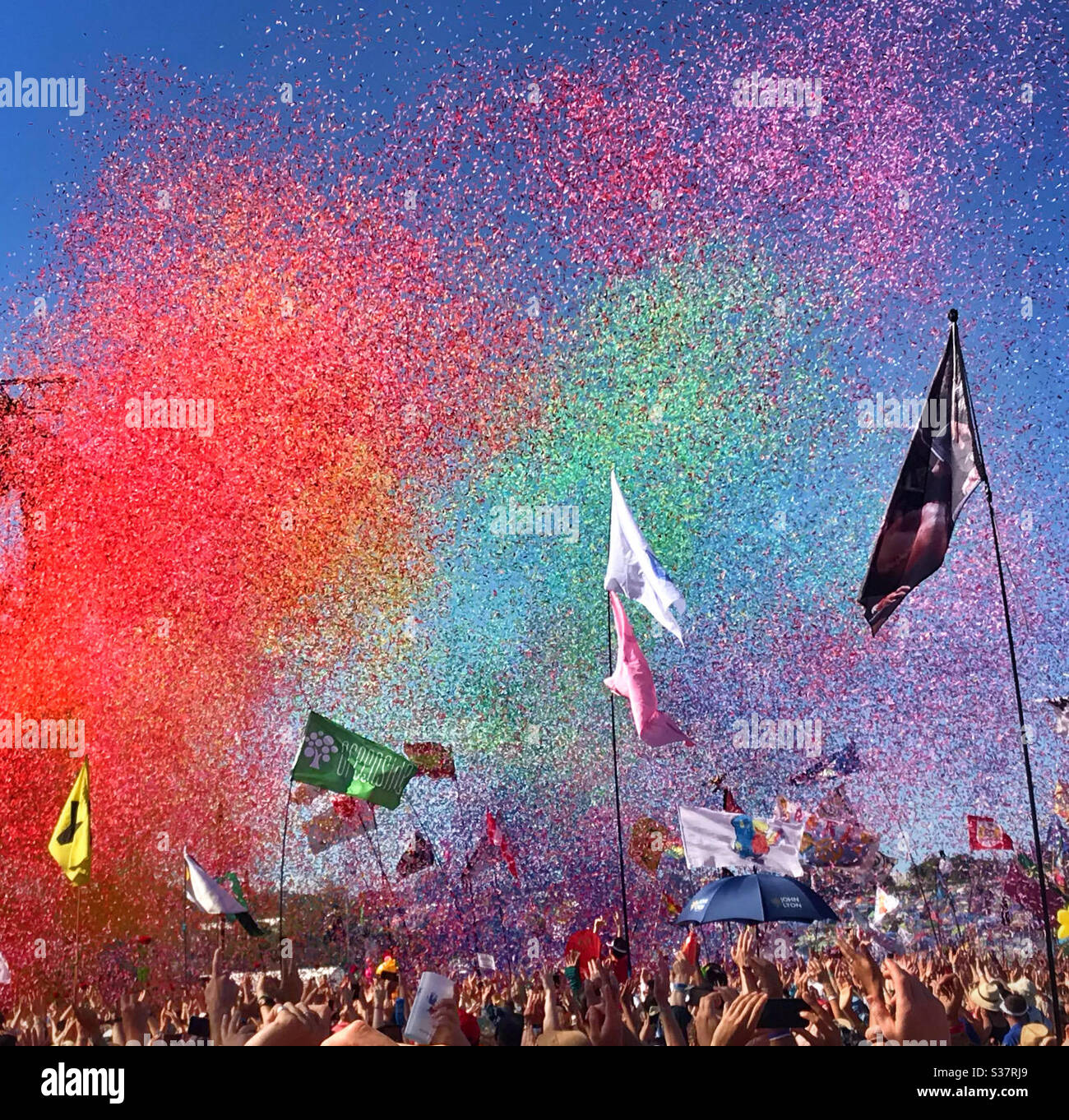 Confetti and flags at the Pyramid Stage, Glastonbury 2019 Stock Photo