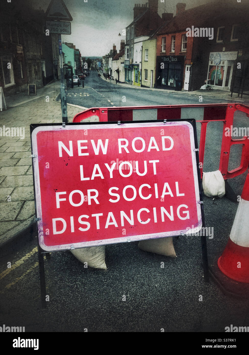 A new road layout for social distancing sign Stock Photo