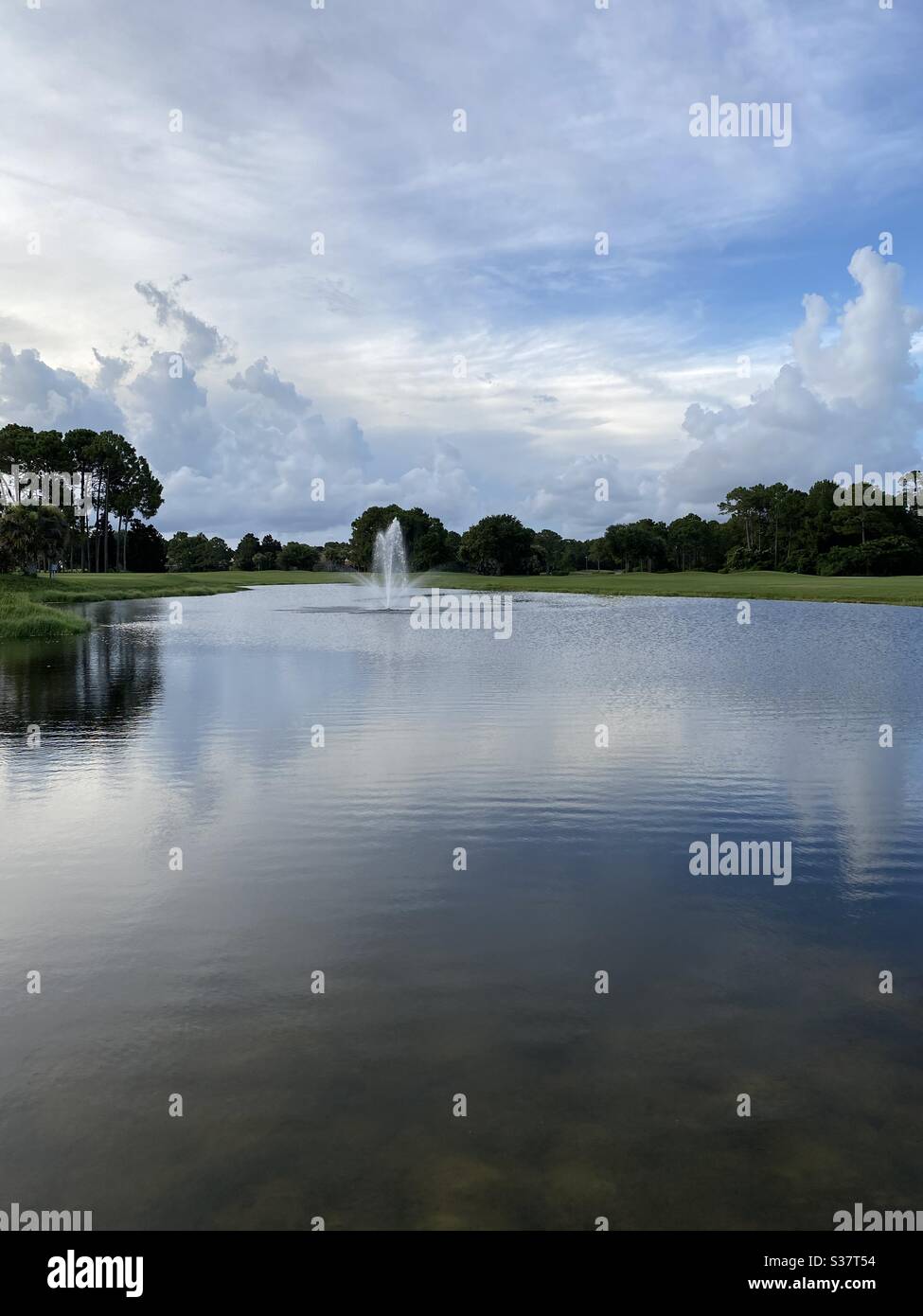 Soft late evening skies reflecting onto pond water with a fountain - Smartphone Captured Stock Image