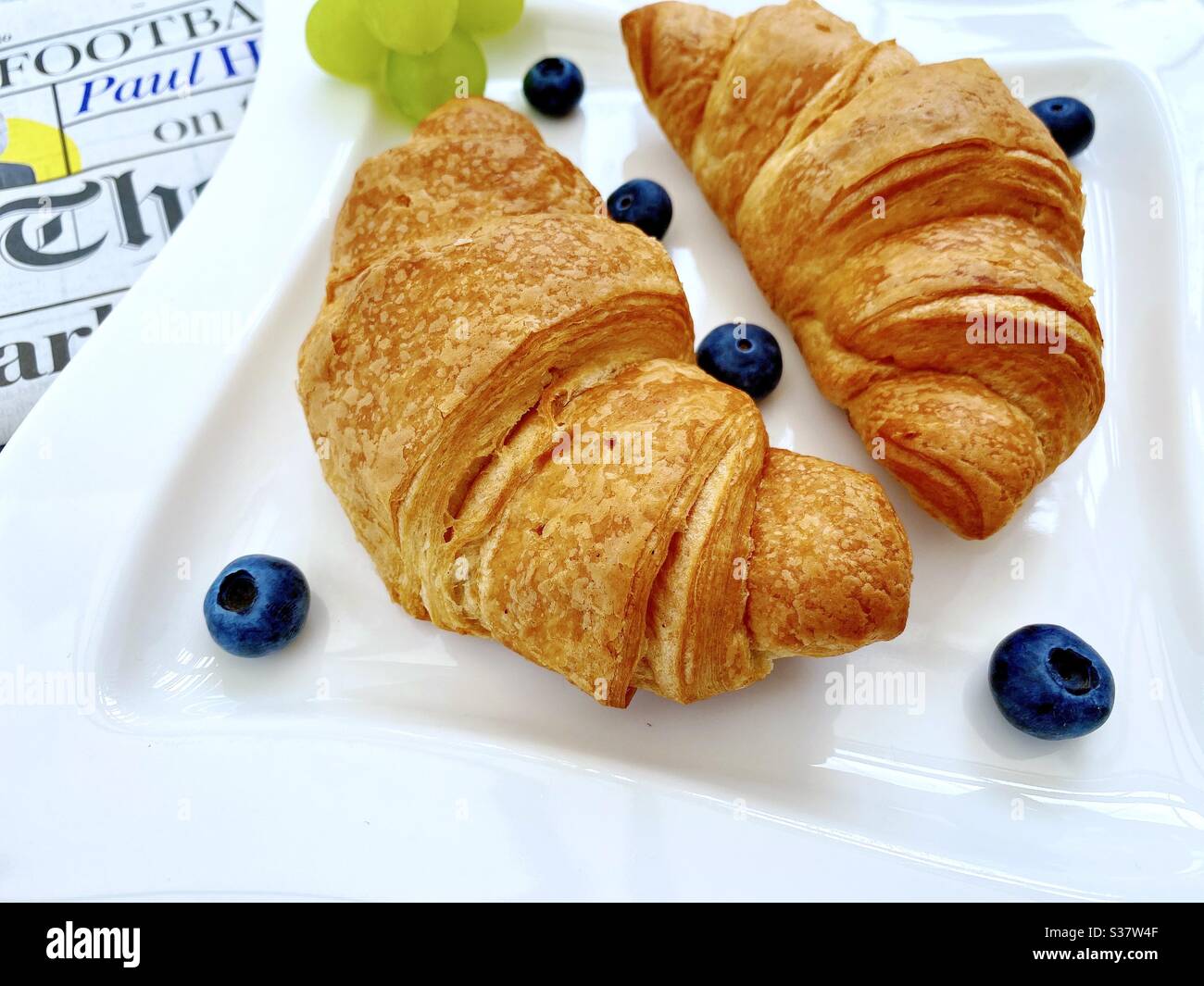 Closeup view of freshly baked croissants on a white plate with blueberries and grapes. Tasty breakfast with morning newspaper on a natural granite stone table. - Smartphone Captured Stock Image