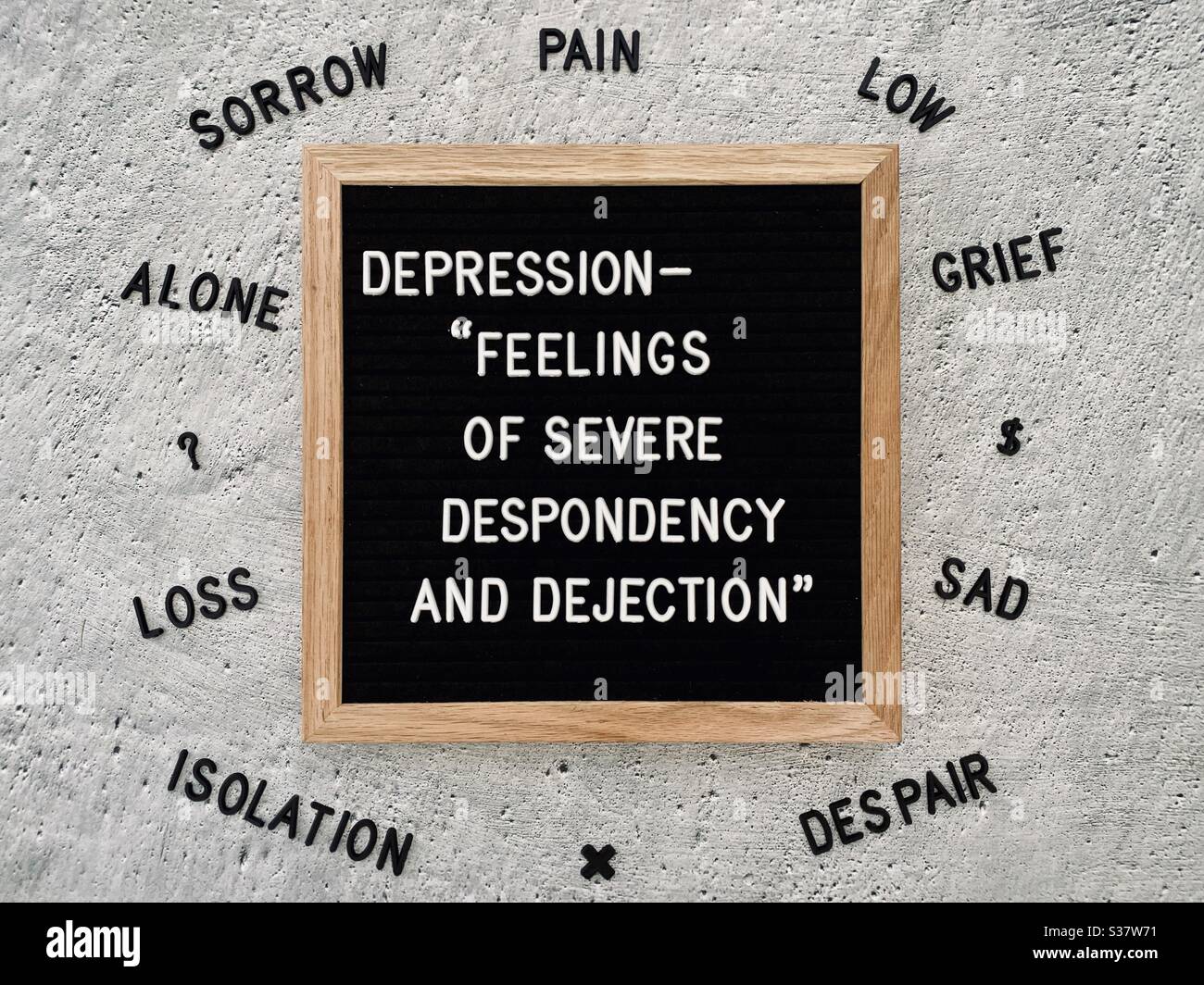 Depression quote against a rough textured concrete background. Dictionary quotation. Words explaining depression. Major depression disorder. Mental Health Awareness. Stock Photo