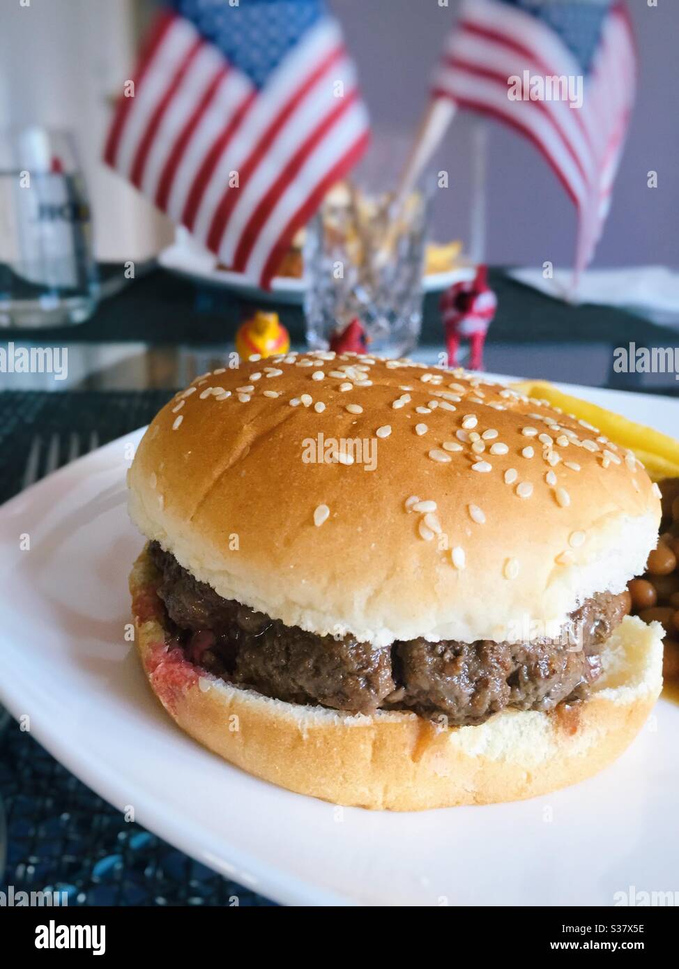 Still life of an Fourth of July all American hamburger meal, USA - Smartphone Captured Stock Image