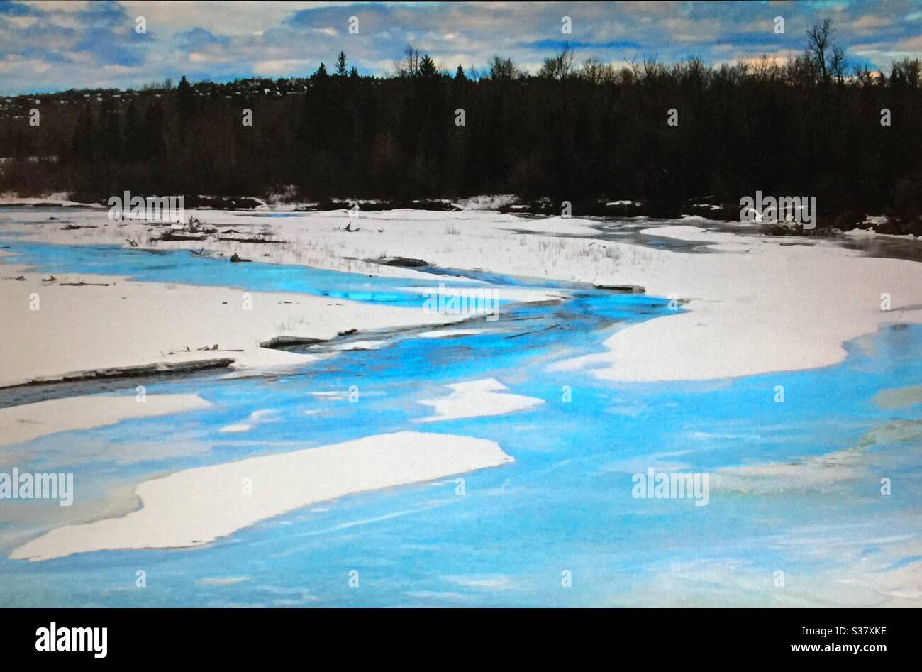 Visit Alberta, Travel Alberta, Winter view, Elbow River, Beautiful Alberta,  Alberta, Canada, near Calgary. - Smartphone Captured Stock Image