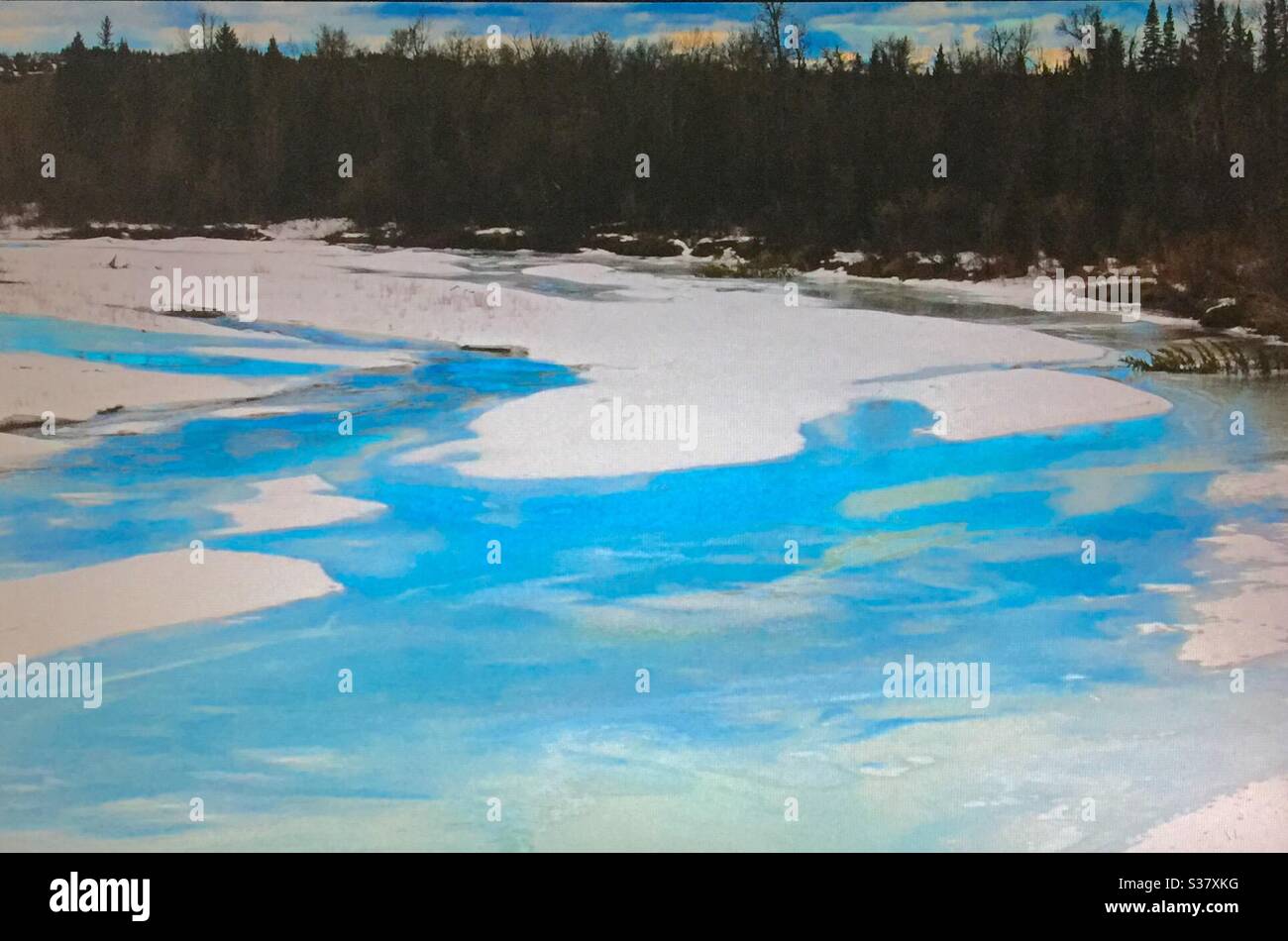 Visit Alberta, Travel Alberta, Winter view, Elbow River, Beautiful Alberta,  Alberta, Canada, near Calgary, artistic design - Smartphone Captured Stock Image