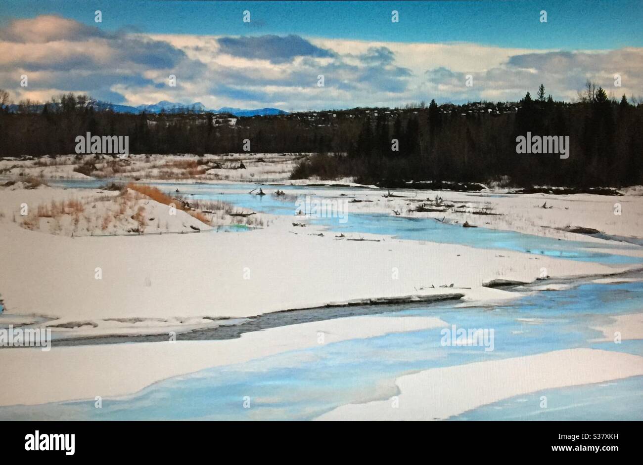 Visit Alberta, Travel Alberta, Winter view, Elbow River, Beautiful Alberta,  Alberta, Canada, near Calgary, artistic design, Canadian Rockies - Smartphone Captured Stock Image